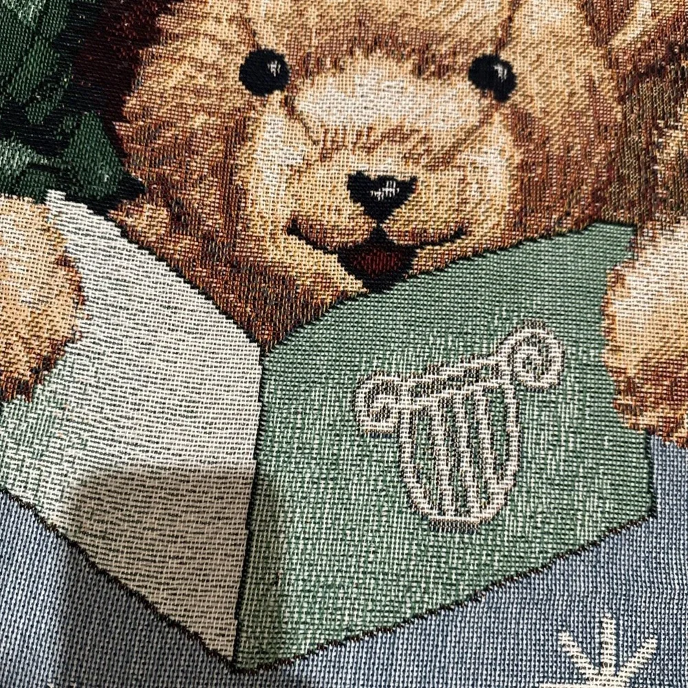 VTG Tapestry Sofa Throw Blanket‎ Christmas Teddy Bears Caroling Fringe Mohawk